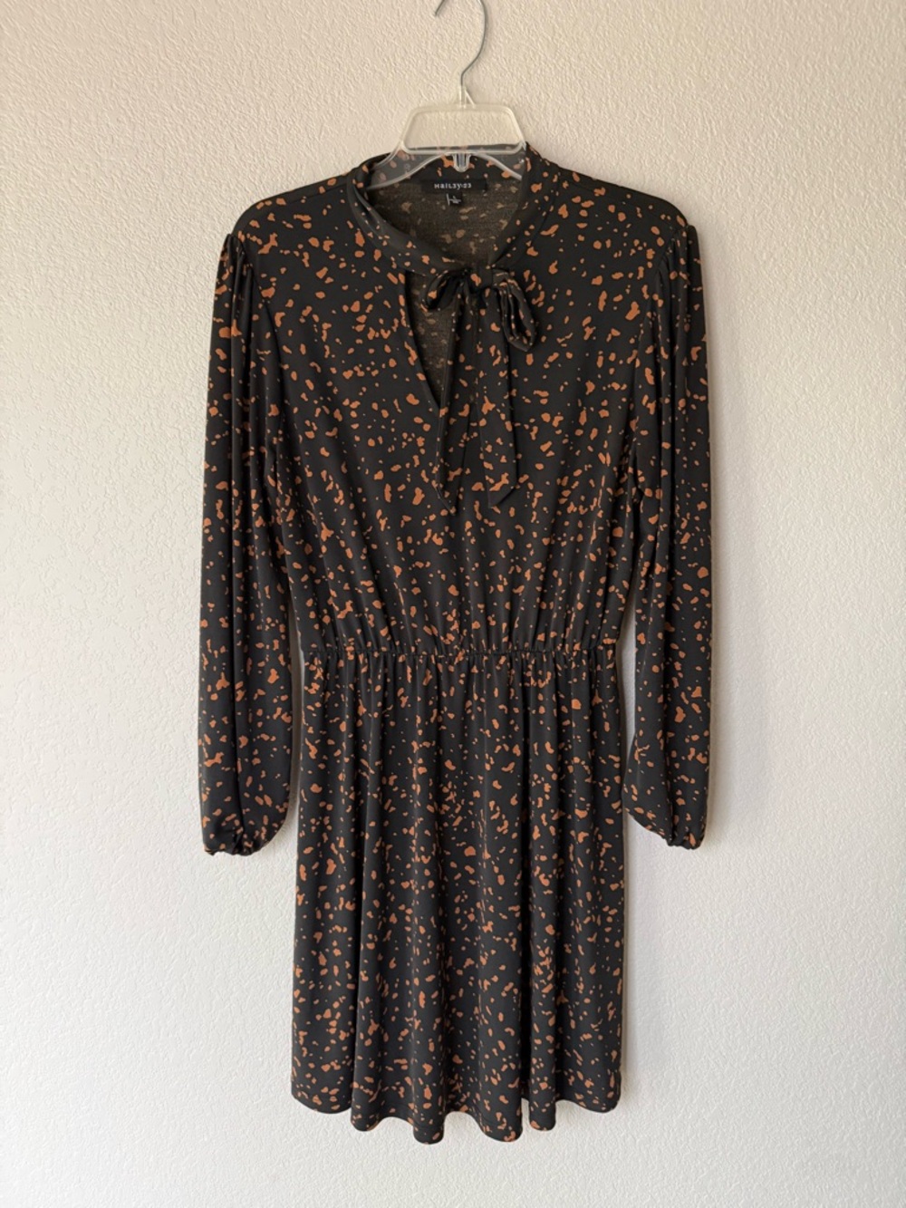 Halogen Black Dress with Spotted Print and Tie Neck